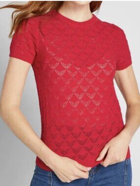 ModCloth Cotton Short Sleeve Crochet Pointelle Sweater Open Knit Red Size S